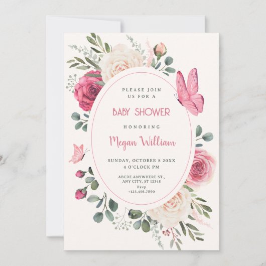 Rosa Rose Watercolor Blumen Babydusche Einladung (Vorderseite)