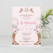 Rosa Rose Western Stiefel Charro Quinceanera Einladung (Stehend Vorderseite)