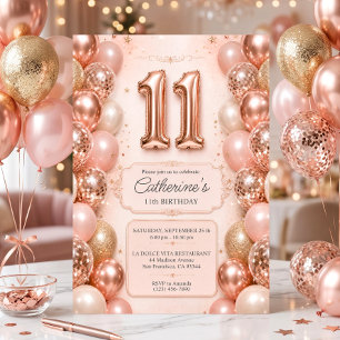 Rosa Roségold-Balloons 11. Geburtstagsfeier Einladung