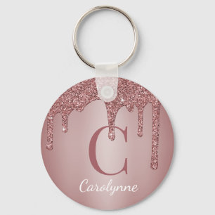 Rosa Roségold-Faux-Glitter-Tropfen-Monogramm Schlüsselanhänger