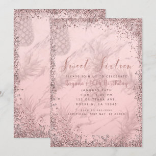Rosa Roségold Glitter-Ananas Süße 16-Party Einladung