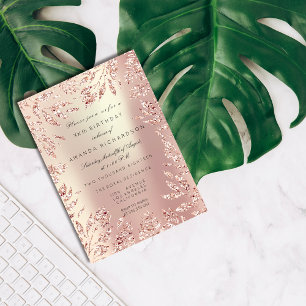 Rosa Roségold Glitter Blätter Floral Rahmen Perlmu Einladung