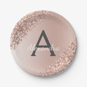 Rosa Roségold Glitter & Funkel Monogramm Geburtsta Pappteller