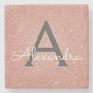 Rosa Roségold Glitter & Funkel Monogramm Steinuntersetzer