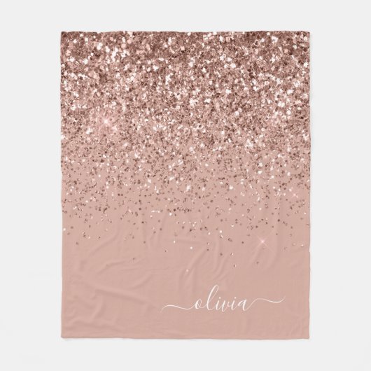 Rosa Roségold Glitter Monogramm Name Fleecedecke (Vorderseite)