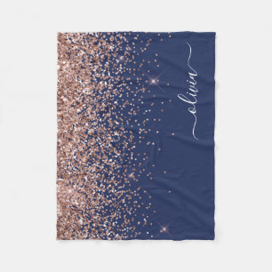 Rosa Roségold Navyblauer Glitter Monogramm Fleecedecke