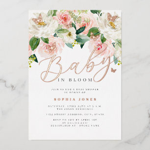 Rosa Roségold Schmetterling Blüten Mädchen Baby Sh Folieneinladung