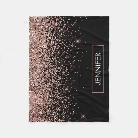 Rosa Roségold-Schwarzer Glitter-Monogramm-Name Fleecedecke (Vorderseite)