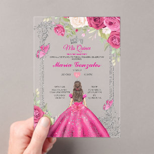 Rosa Rosen-Acrylblatt Quinceañera Floral Sweet 15 Acryleinladungen