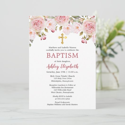 Rosa Rosen Aquarellblume Taufe Einladung (Stehend Vorderseite)