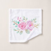 Rosa Rosen Aquarellfarben auf weißem Badetuch Set (Waschlappen)