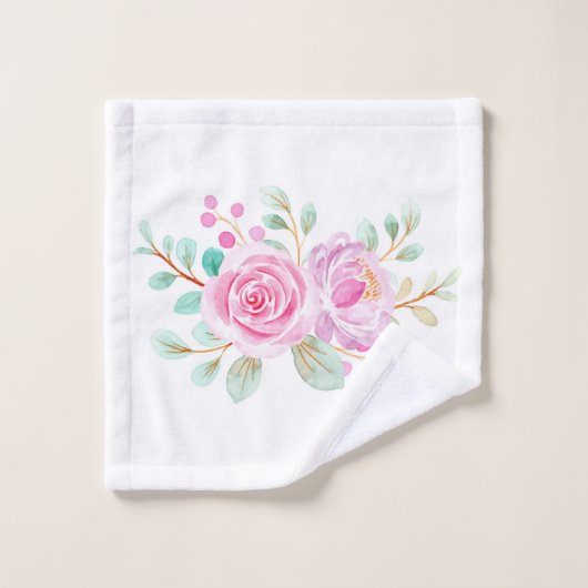 Rosa Rosen Aquarellfarben auf weißem Badetuch Set (Waschlappen)
