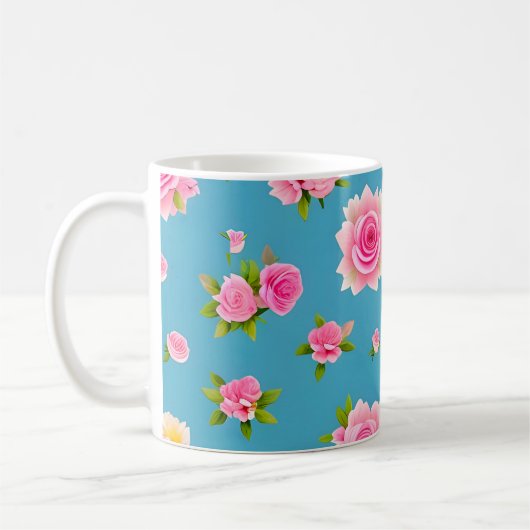Rosa Rosen auf blauem Hintergrund Kaffeetasse (Links)