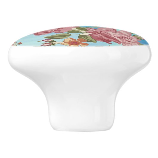 Rosa Rosen auf blauem Hintergrund Keramikknauf (Seitenansicht)