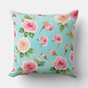Rosa Rosen auf blauem Hintergrund Kissen