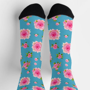 Rosa Rosen auf blauem Hintergrund Socken