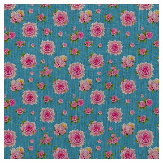 Rosa Rosen auf blauem Hintergrund Stoff (Muster)