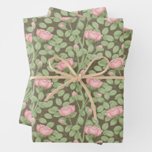 Rosa Rosen auf Braun Geschenkpapier Set