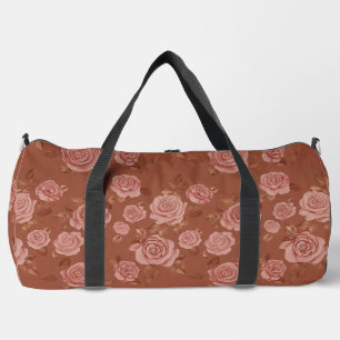 Rosa Rosen auf braunem Leder-Look Duffle Bag