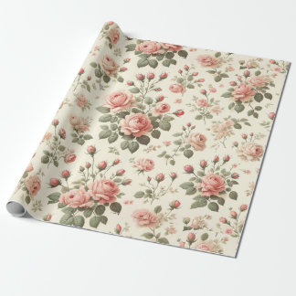 Rosa Rosen auf Cream Vintage Wrapping Paper Rolle Geschenkpapier