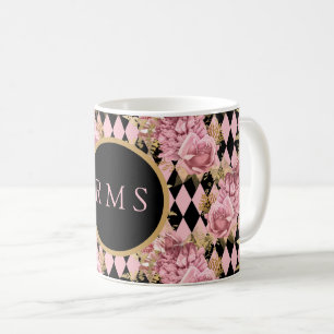 Rosa Rosen auf Harlequin-Monogramm   Kaffeetasse