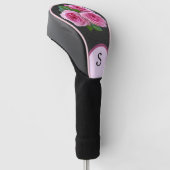 Rosa Rosen auf Schwarz-Floral Monogram Lady Golf Headcover (angewinkelt)