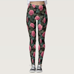 Rosa Rosen auf schwarzem Blumenmuster Leggings