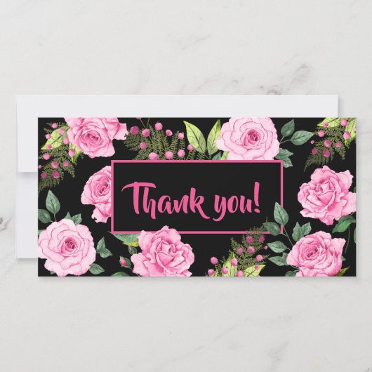 Rosa Rosen auf schwarzer Brautdusche Dankeskarte (Vorderseite)