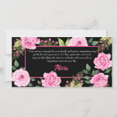 Rosa Rosen auf schwarzer Hochzeitsfeier Dankeskarte (Rückseite)