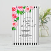 Rosa Rosen auf Streifen Kinderdusche Einladungen (Stehend Vorderseite)