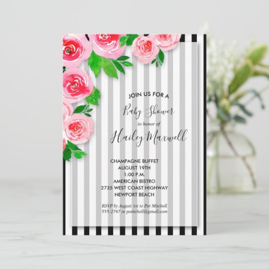 Rosa Rosen auf Streifen Kinderdusche Einladungen (Stehend Vorderseite)