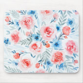 Rosa Rosen Blau Blumen Wasserfarbene Blumenmuster Mousepad (Vorne)