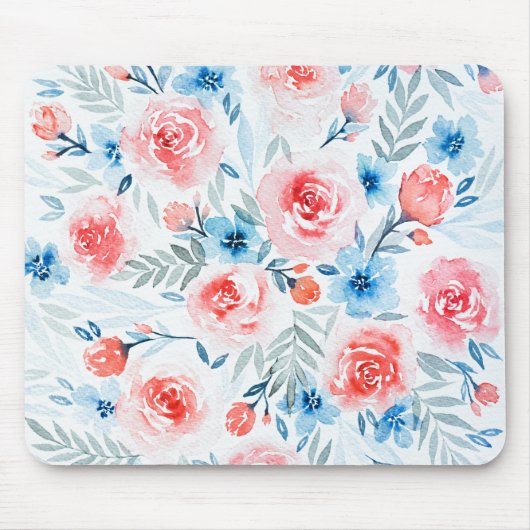 Rosa Rosen Blau Blumen Wasserfarbene Blumenmuster Mousepad (Vorne)