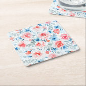 Rosa Rosen Blau Blumen Wasserfarbene Blumenmuster Rechteckiger Pappuntersetzer (angewinkelt)