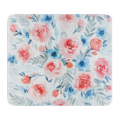 Rosa Rosen Blau Blumen Wasserfarbene Blumenmuster Schneidebrett (Vorderseite)