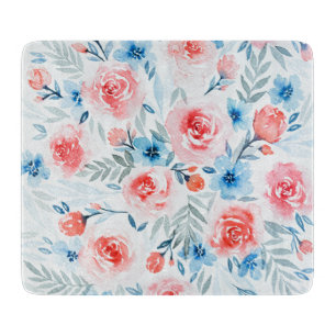 Rosa Rosen Blau Blumen Wasserfarbene Blumenmuster Schneidebrett