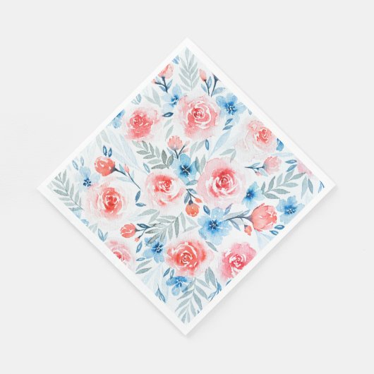 Rosa Rosen Blau Blumen Wasserfarbene Blumenmuster Serviette (Ecke)