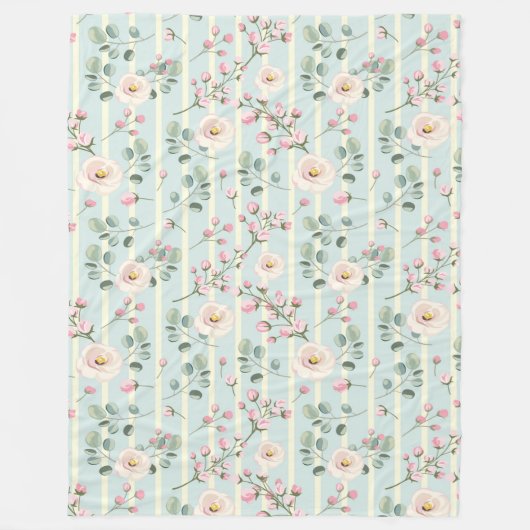 Rosa Rosen Blau Weiße Streifen Fleecedecke (Vorderseite)