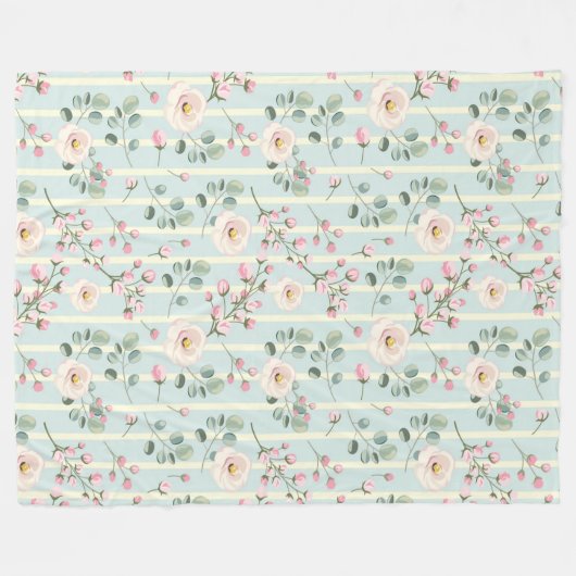 Rosa Rosen Blau Weiße Streifen Fleecedecke (Vorderseite (Horizontal))