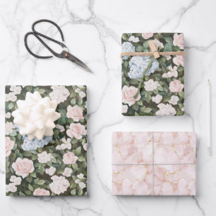 Rosa Rosen Blaue Hyndrangea Florale Brautparty Geschenkpapier Set