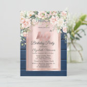 Rosa Rosen, Blauholz Rose Gold 40. Geburtstag Einladung (Stehend Vorderseite)