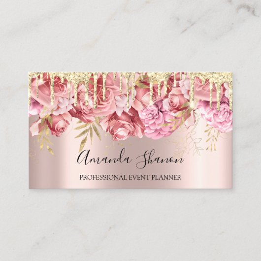 Rosa Rosen Blume Golden Tropfen QR CODE Logo Visitenkarte (Vorderseite)