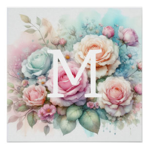 Rosa Rosen, Blume, Monogramm Poster