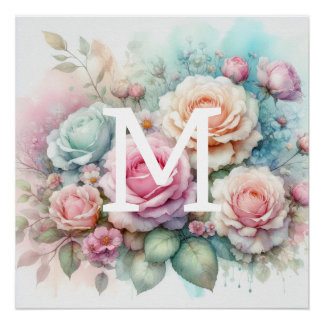 Rosa Rosen, Blume, Monogramm Poster