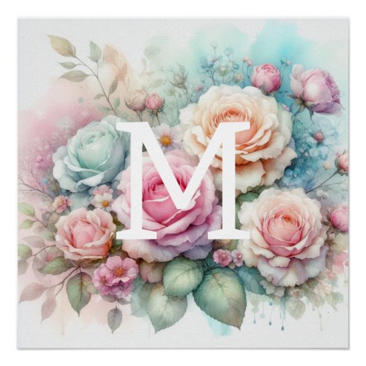 Rosa Rosen, Blume, Monogramm Poster (Vorderseite)