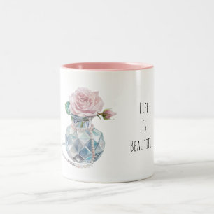 Rosa Rosen Blumen Blaue Vase Zweifarbige Tasse