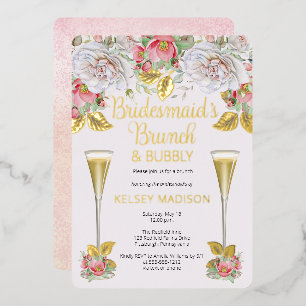 Rosa Rosen Blumen Brautjungfern-Brunch und Sprudel Folieneinladung