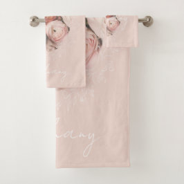 Rosa Rosen Blumen Elegant Vintage Name Monogramm Badhandtuch Set