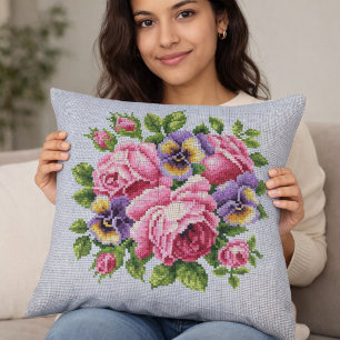 Rosa Rosen Blumen Kreuzstich Zierkissen