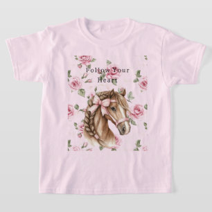 Rosa Rosen Blumen Schönes Pferd Rosa Schleife T-Shirt